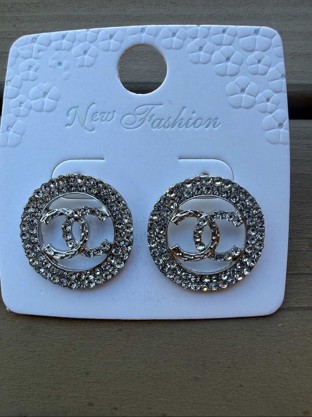 Fashion Jewelry Silver-Tone Crystal Round Logo Stud Earrings